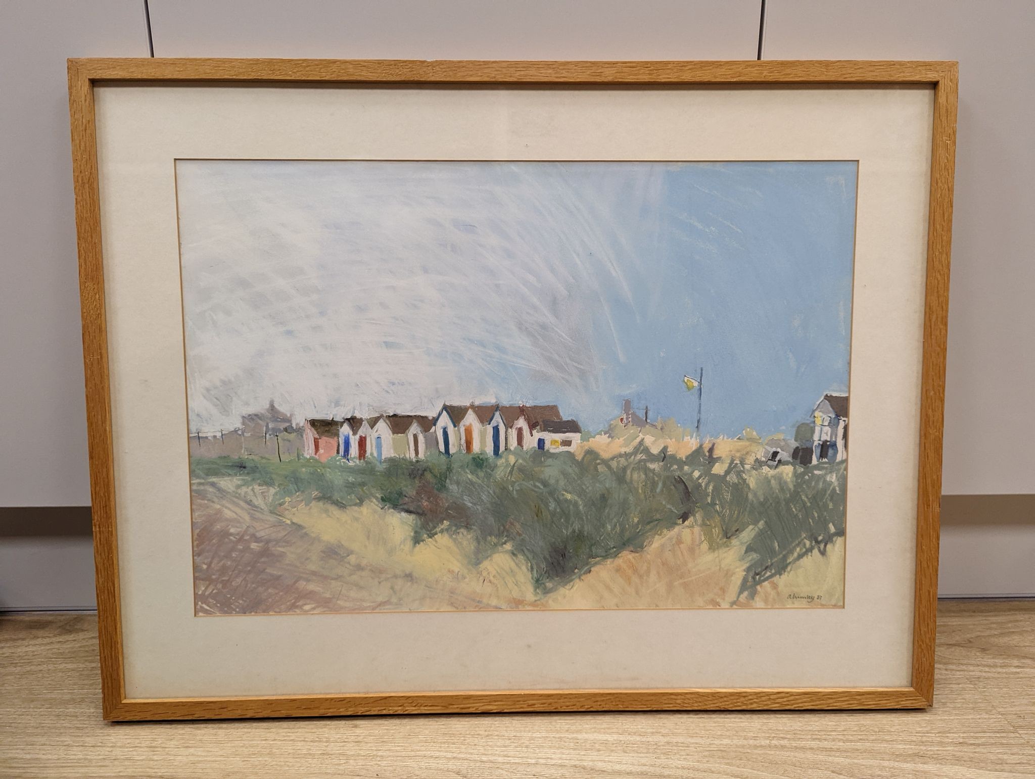 Alexander Lumley (b.1958), watercolour and pastel, 'Beach Huts, Southwold, Suffolk', signed and dated '87, Grafton Gallery label verso, 37 x 55cm